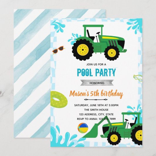 Tractor pool birthday party invitation 招待状 (正面/裏面)