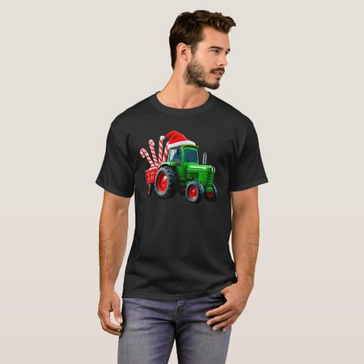 Tractor with Trailer Candy Cane Santa Farm Farmer Tシャツ (正面フル)