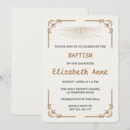 Traditional Baptism for Daughter Gold Cross 招待状 (正面/裏面)