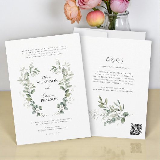 Traditional Botanical Greenery Wedding QRCode RSVP 招待状