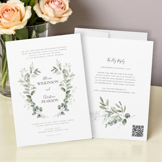Traditional Botanical Greenery Wedding QRCode RSVP 招待状