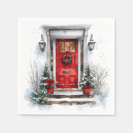 Traditional Christmas Holiday Welcome Red Door スタンダードカクテルナプキン (正面)