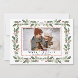 Traditional Christmas Holly Berries & Family Photo シーズンカード