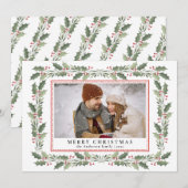 Traditional Christmas Holly Berries & Family Photo シーズンカード (正面/裏面)