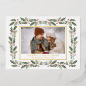 Traditional Christmas Holly Berries & Family Photo 箔シーズンカード (正面)