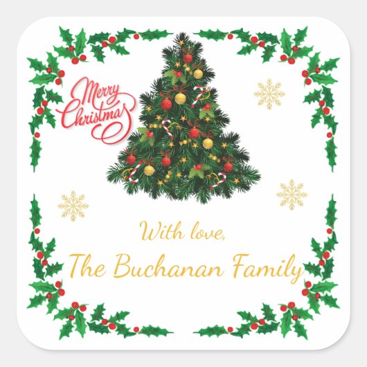 Traditional Christmas Holly Border Personalised スクエアシール (正面)
