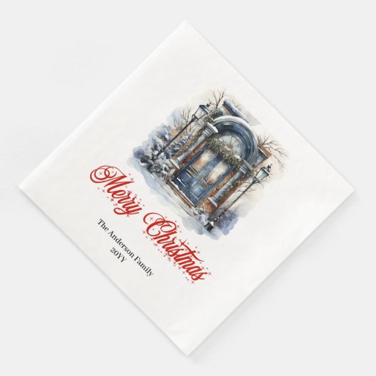 Traditional Christmas scene napkin red green tones (コーナー)