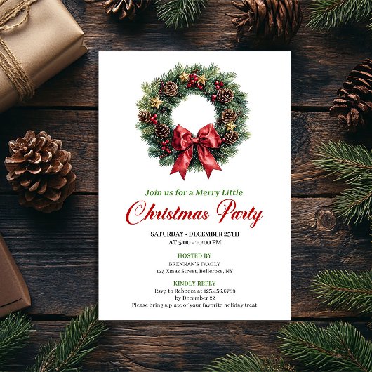 Traditional Christmas Wreath Party Invitation 招待状