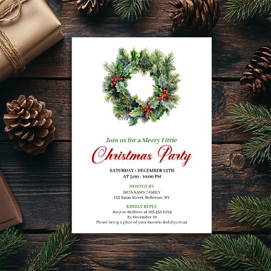 Traditional Christmas Wreath Party Invitation 招待状