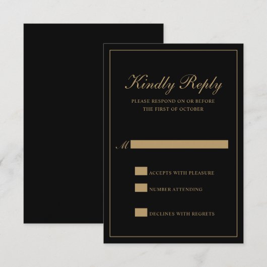 Traditional Classic Formal Black and Gold Wedding 出欠カード (正面/裏面)