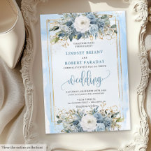 Traditional Dusty Blue White Gold Flowers Invites