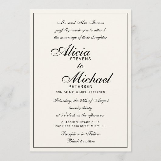 Traditional elegant classic black ivory wedding 招待状 (正面)