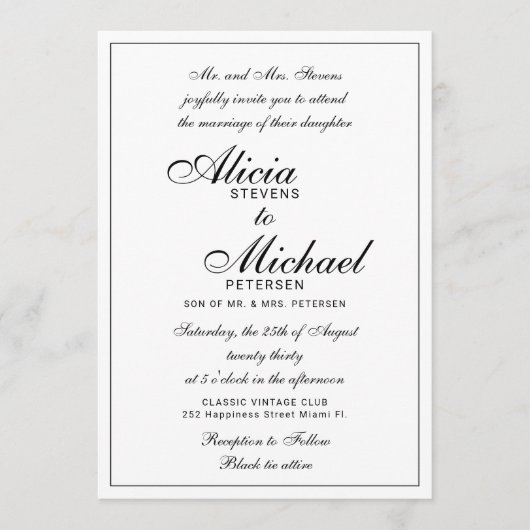 Traditional elegant classic black white wedding 招待状 (正面)