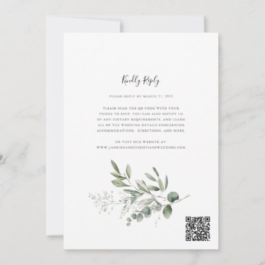 Traditional eucalptus Greenery Wedding QR Code 招待状 (裏面)