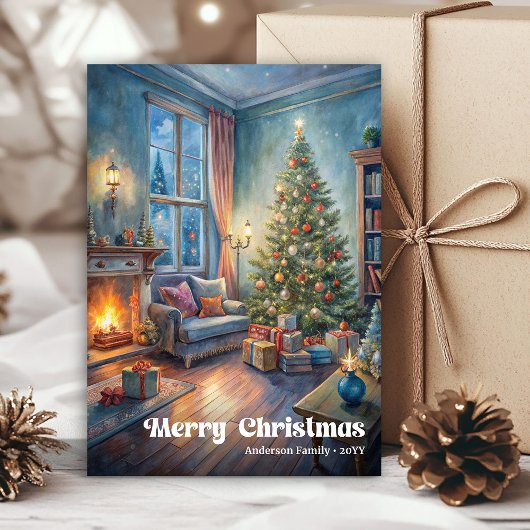 Traditional festive scene card red green lettering シーズンカード