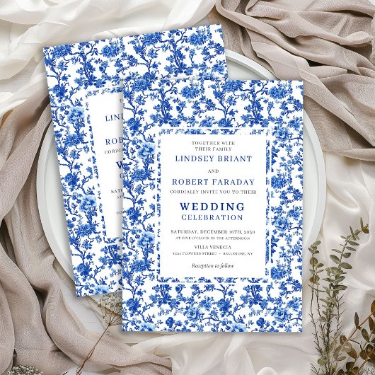 Traditional French Toile Blue Floral Wedding  招待状