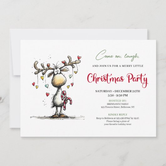 Traditional funny reindeer Christmas party invite 招待状 (正面)