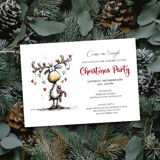 Traditional funny reindeer Christmas party invite 招待状