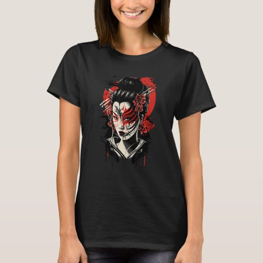 Traditional Geisha Samurai Mask Japanese Sword War Tシャツ (正面)