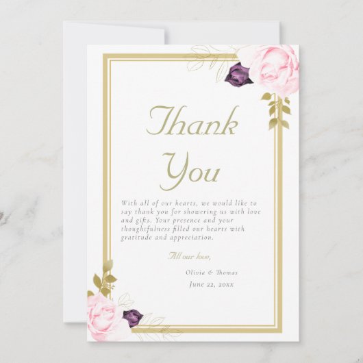 Traditional Gold Frame Rustic Roses Photo Wedding サンキューカード (正面)