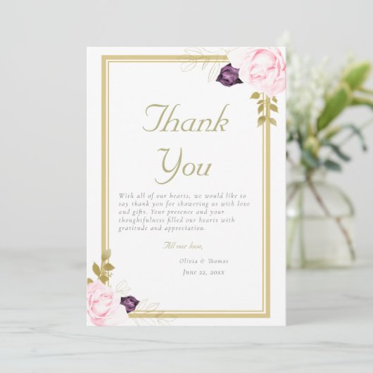Traditional Gold Frame Rustic Roses Photo Wedding サンキューカード (スタンド正面)