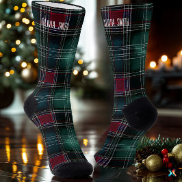 Traditional Green and Burgundy Christmas Plaid  ソックス