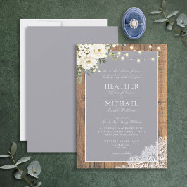 Traditional Grey Rustic Wood Lace Script Wedding 招待状