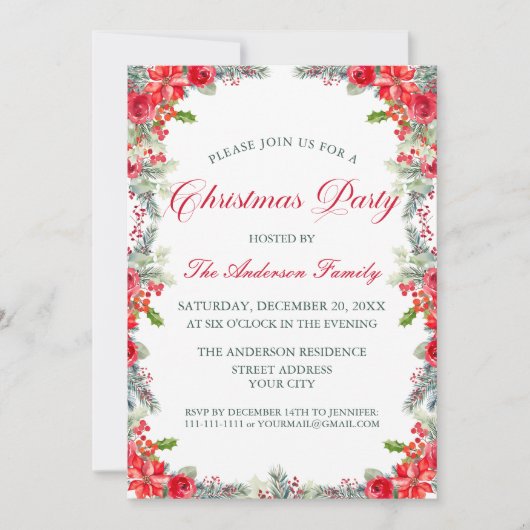 Traditional Holly & Roses Christmas Party 招待状 (正面)