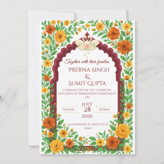 Traditional Indian Floral Wedding Invitation  招待状 (正面)