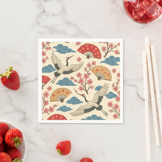 Traditional Japanese Crane & Sakura Pattern Decor スタンダードカクテルナプキン (インサイチュ)