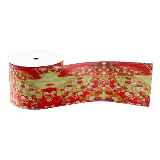 Traditional Japanese Kimono  Gold Red Floral  グログランリボン (リール)