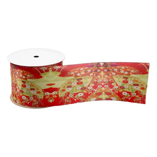 Traditional Japanese Kimono  Gold Red Floral  サテンリボン (リール)