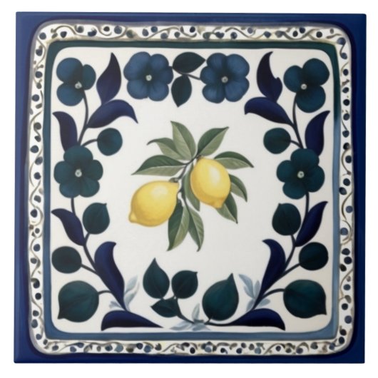Traditional Lemons Dark Blue and White Floral タイル (正面)