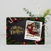 Traditional Merry Christmas, Family Name & Photo 箔シーズンカード (立ち正面)