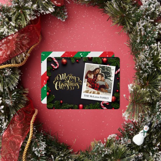 Traditional Merry Christmas, Family Name & Photo 箔シーズンカード (インサイチュ)