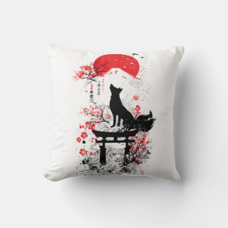 Traditional Red Black Japanese Kitsune Fox with Mo クッション