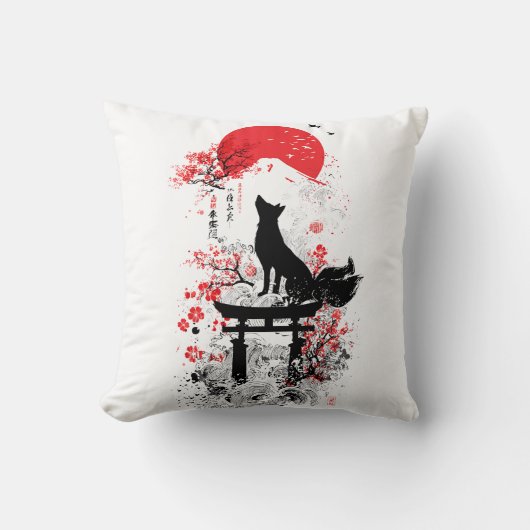 Traditional Red Black Japanese Kitsune Fox with Mo クッション (正面)