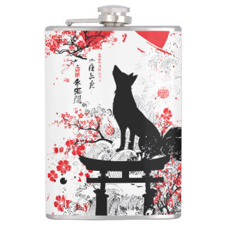 Traditional Red Black Japanese Kitsune Fox with Mo フラスク