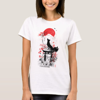 Traditional Red Black Japanese Kitsune Fox with Mo Tシャツ
