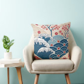 Traditional Red Blue Japanese Wave Sakura Pattern クッション (椅子)