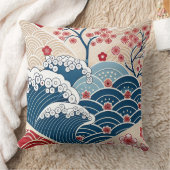 Traditional Red Blue Japanese Wave Sakura Pattern クッション (ブランケット)