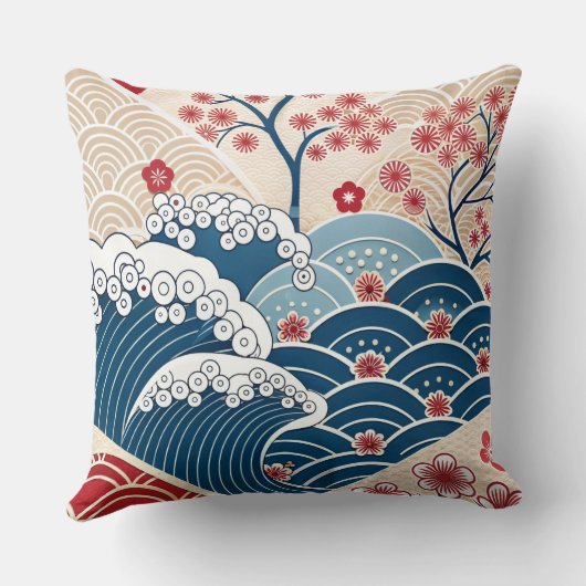 Traditional Red Blue Japanese Wave Sakura Pattern クッション (裏面)