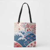 Traditional Red Blue Japanese Wave Sakura Pattern トートバッグ (正面)
