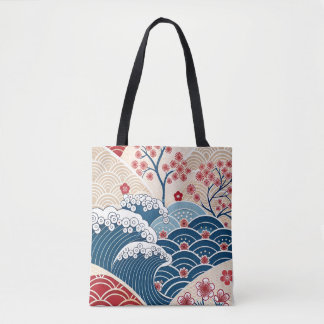 Traditional Red Blue Japanese Wave Sakura Pattern トートバッグ