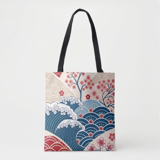 Traditional Red Blue Japanese Wave Sakura Pattern トートバッグ (正面)