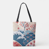 Traditional Red Blue Japanese Wave Sakura Pattern トートバッグ (裏面)