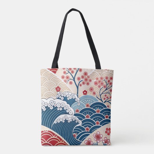 Traditional Red Blue Japanese Wave Sakura Pattern トートバッグ (裏面)