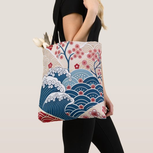 Traditional Red Blue Japanese Wave Sakura Pattern トートバッグ (クローズアップ)