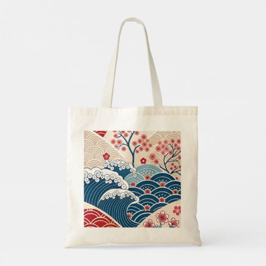 Traditional Red Blue Japanese Wave Sakura Pattern トートバッグ (裏面)