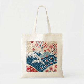 Traditional Red Blue Japanese Wave Sakura Pattern トートバッグ